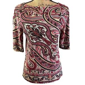 ETRO Milan Red Multicolor Paisley Boat Neck 3/4 Sleeve Top Blouse Sz 8/44 Italy